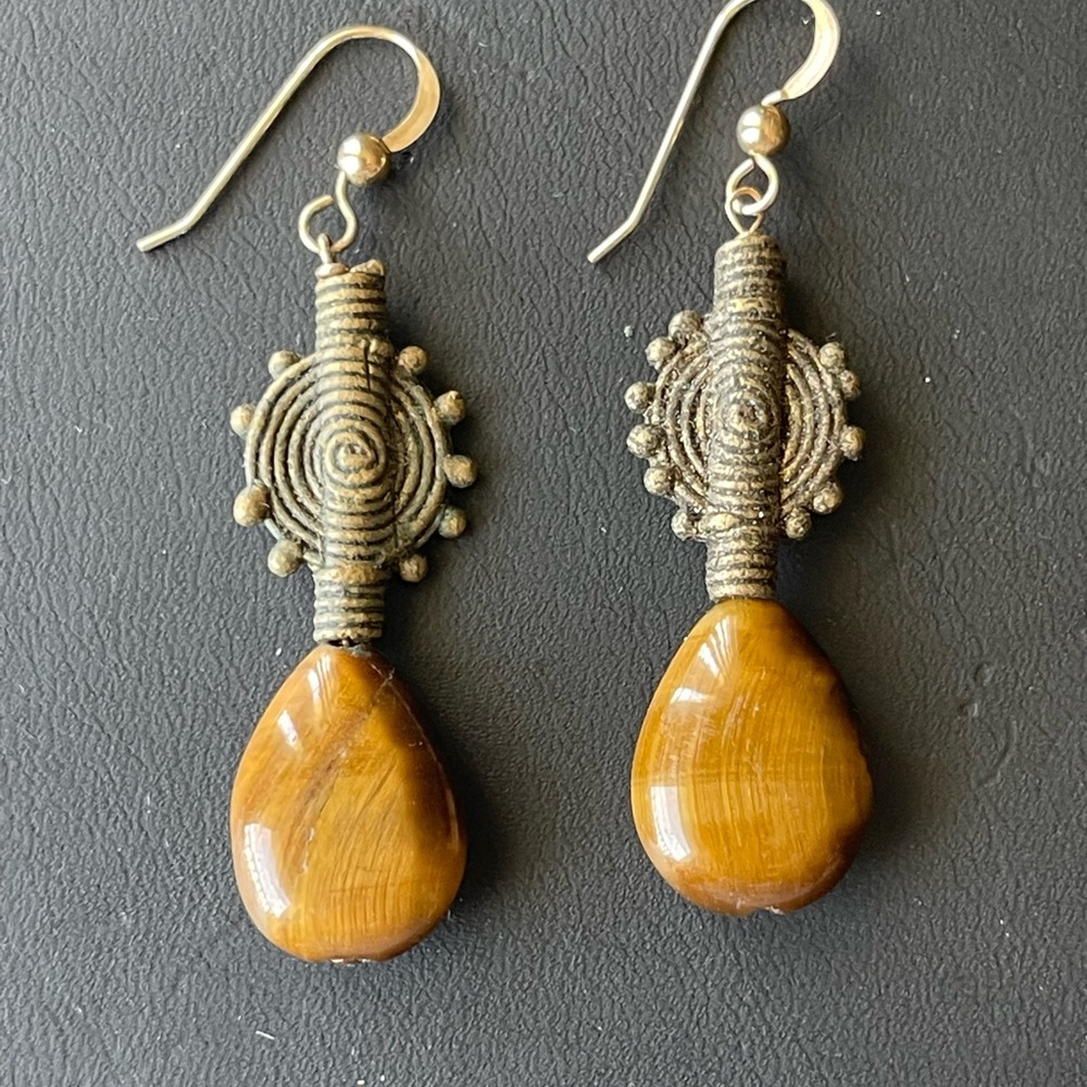 Gold and Brown Tribal-Inspired Earrings with Natural Tigereye Teardrop